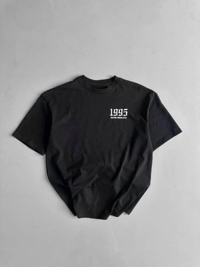 Baskılı Oversize Bisiklet Yaka T-shirt - Siyah resmi